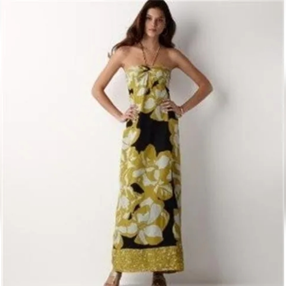 Ann Taylor Black Gold Ivory Cotton Halter Maxi Casual Long Dress Size 4 $99 NWT